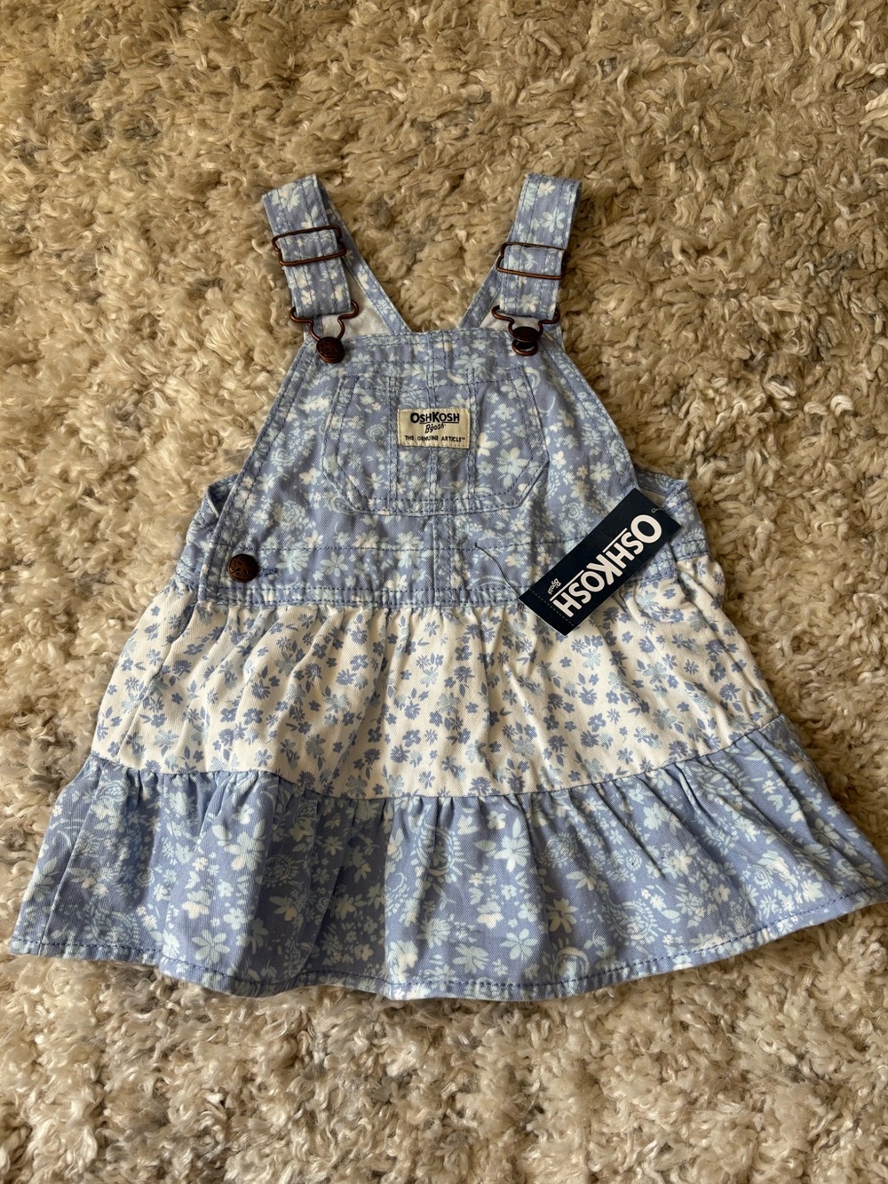 OshKosh B'gosh Light Blue & White Floral Tiered Overall Dress